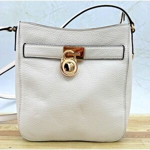 Michael Kors Pebbled Leather Crossbody Bucket Bag Gold Padlock Chalk White NOB‎